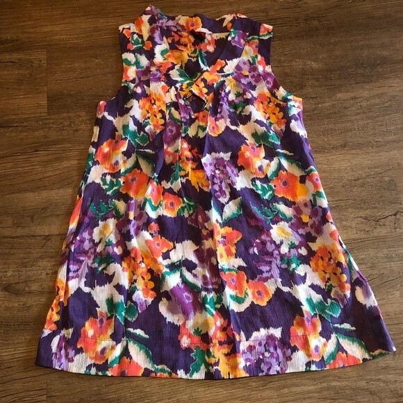 Merona Sheer Floral Sleeveless Blouse XS Extra Small Flowers Purple Orange Green - Picture 2 of 6
